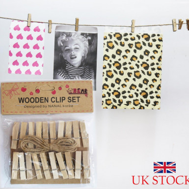 20 Hanging Wooden Clips for Photos, Picture Post Cards with Jute Rope 5ft long
